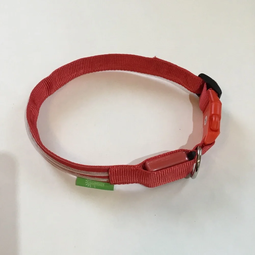 Illumiseen LED dog collar, lights up or flashes, nylon, size M, fits 16”to 20”.